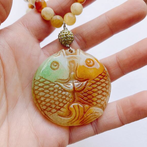 Jadeite Double Fish Pendant Necklace Earrings Set, Real Stone Beads Boho Jewelry - Picture 4 of 10